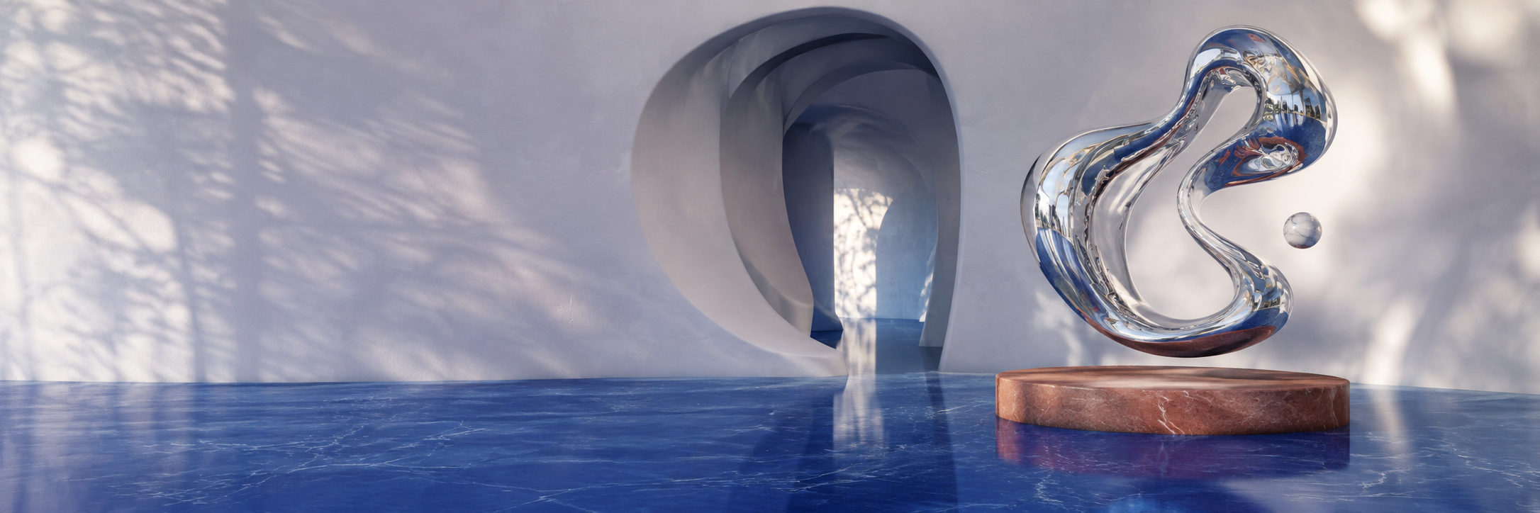 An impossible moon-white museum with cobalt architecture, floating liquid mirrors and a terracotta sculpture